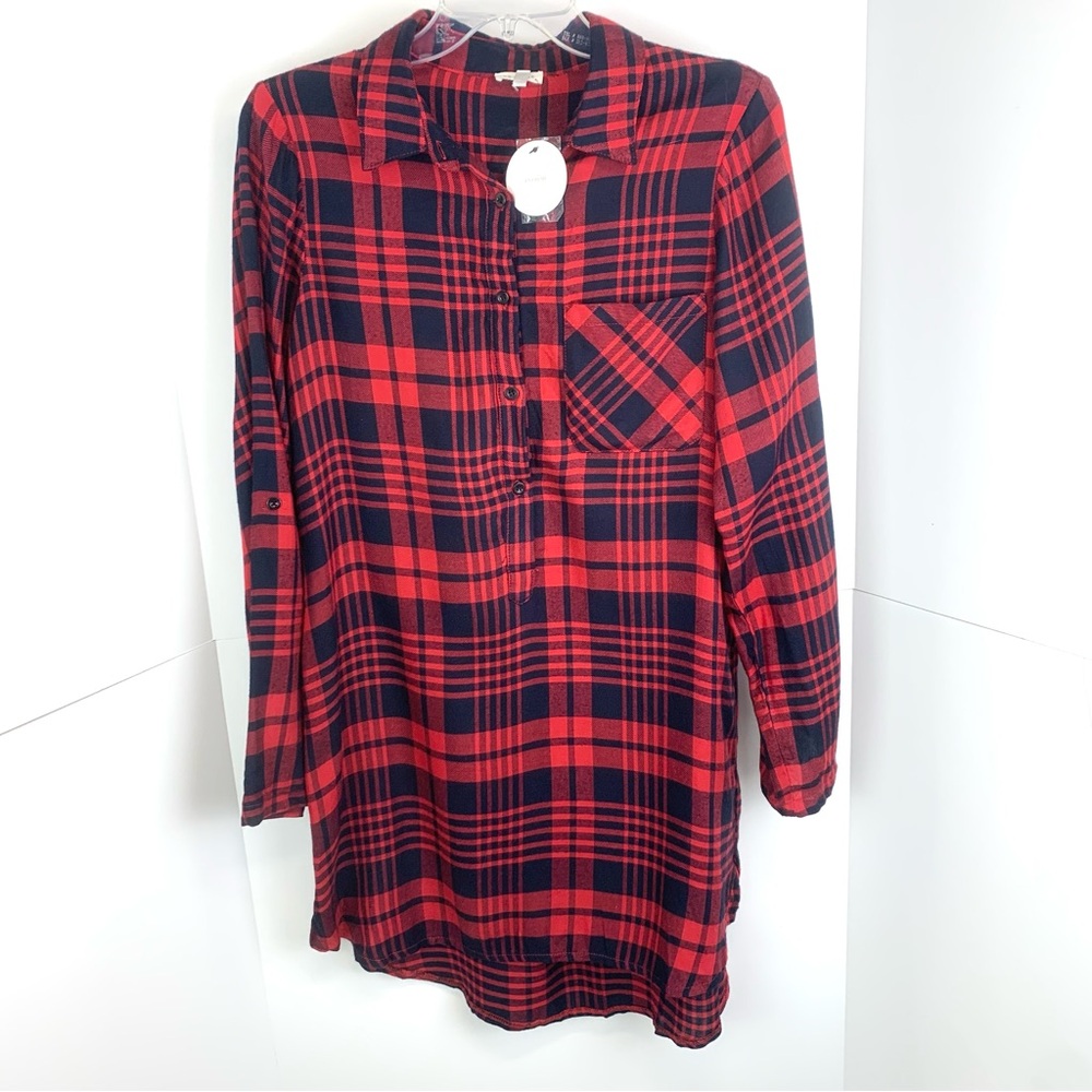 En Crème Women Size Small Flannel Tunic Top Plaid Preppy Academia Red Blue